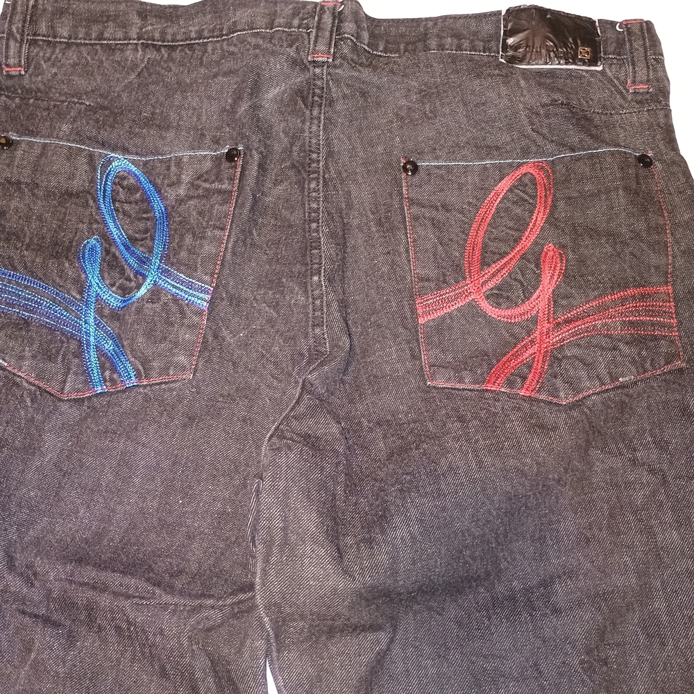 Men's Black Jeans with Red and Blue Stitching